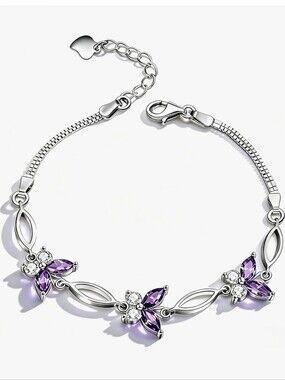 Silver Purple And Crystal Butterfly Bracelet